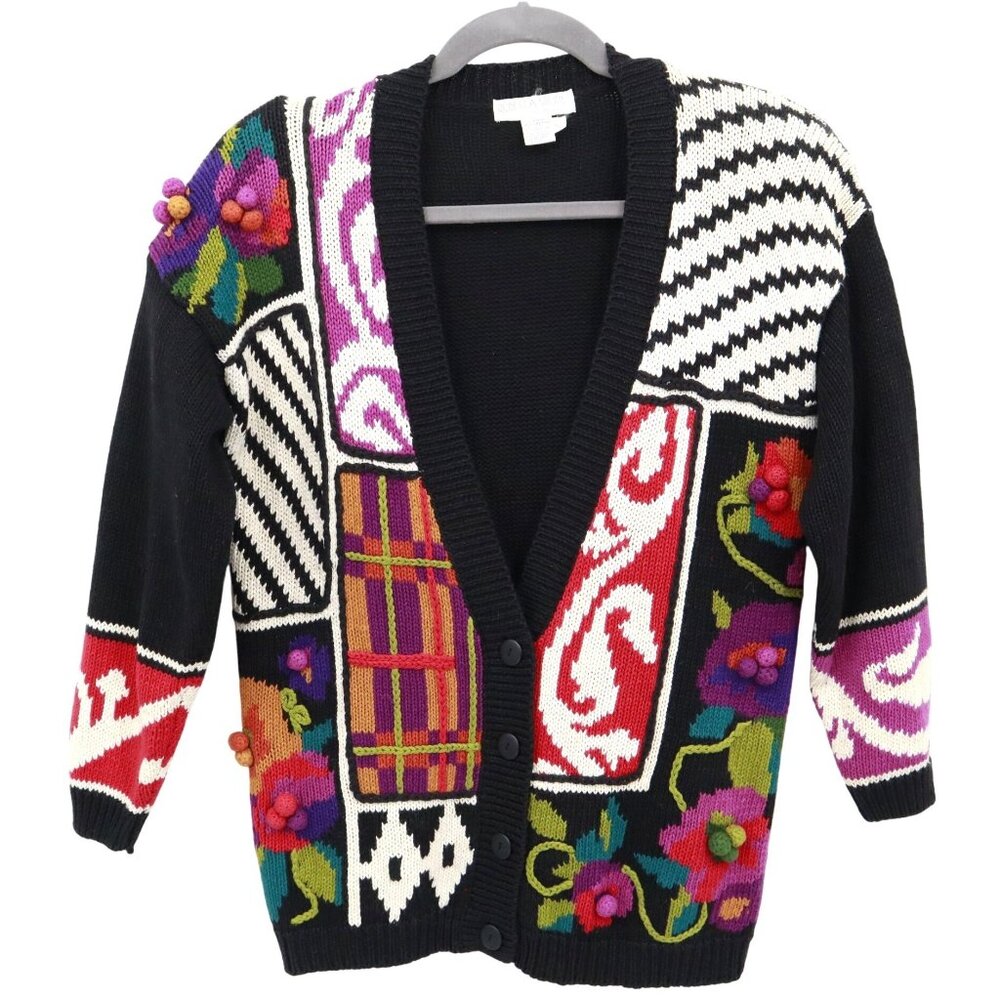Rebecca Stone Patchwork Cardigan Womens L Black Boho Art To Wear Grandma‎ Quirky